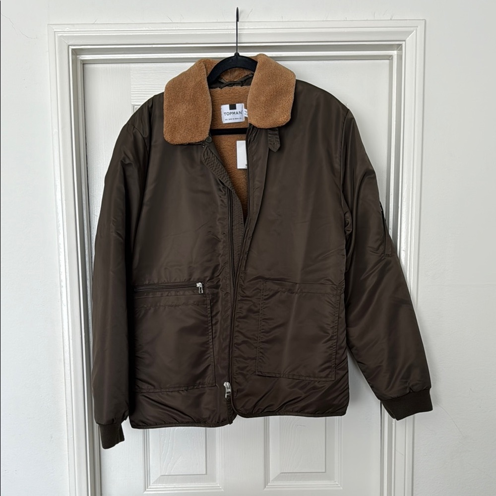 TOPMAN Brown Bomber Jacket with Tan Collar